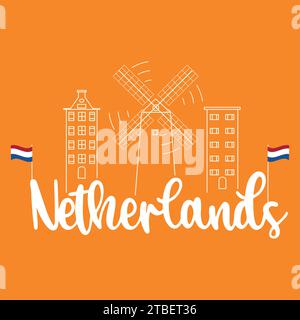 Umriss einer Stadt aus den niederlanden mit einem Wahrzeichen der Windmühle Vector Stock Vektor