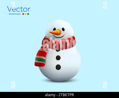 3D gerenderter niedlicher lächelnder Schneemann mit rotem Schal, orangefarbener Nase, isoliert auf weißem Hintergrund. 3D Minimal Christmas Snowman icon. Noel Vektor-Illustration. Vektorabbildung Stock Vektor