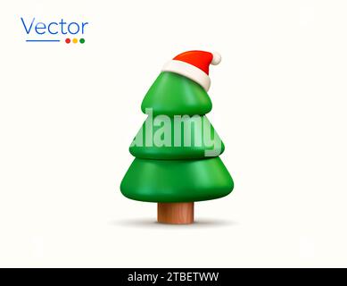 3D gerenderter einfacher grüner Kiefer mit roter noelkappe oben, isoliert auf weißem Hintergrund. Minimales 3D-weihnachtsbaumsymbol oder -Symbol. Vektorabbildung. Vektorabbildung Stock Vektor