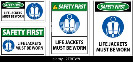 Wassersicherheitsschild Gefahr, Rettungswesten Müssen Getragen Werden Stock Vektor