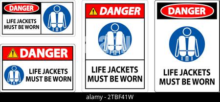Wassersicherheitsschild Gefahr, Rettungswesten Müssen Getragen Werden Stock Vektor