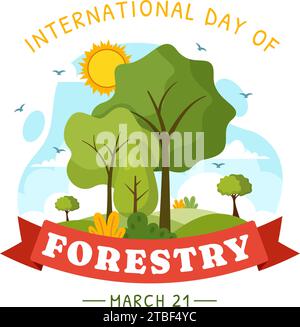 Internationaler Waldtag Vektor-Illustration am 21. März mit Pflanzen, Bäumen, grünen Feldern und verschiedenen Wildtieren zur wirtschaftlichen Forstwirtschaft im Hintergrund Stock Vektor