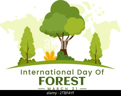 Internationaler Waldtag Vektor-Illustration am 21. März mit Pflanzen, Bäumen, grünen Feldern und verschiedenen Wildtieren zur wirtschaftlichen Forstwirtschaft im Hintergrund Stock Vektor