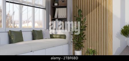 Inneneinrichtung eines modernen skandinavischen Wohnzimmers mit gemütlichem Sofa am Fenster, Zimmerpflanzen und eingebauten Regalen. 3D-Rendering, 3D-Illustrat Stockfoto