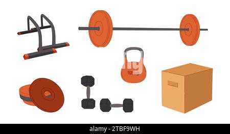 Objektgruppe für Vektor-Workout. Fitnessgeräte in flachem Design. Kollektion zum Thema Sport. Ideal für Webdesign, Aufkleber, Sportführer und Tutorials Stock Vektor