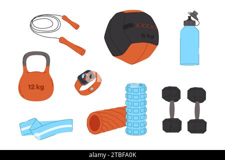 Set mit Vektor-Workout und Fitness-Objekten. Fitnessgeräte in flachem Design. Kollektion zum Thema Sport. Ideal für Webdesign, Aufkleber, Sportführer und Tutorial Stock Vektor