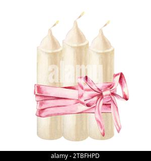 Weiße Kerzen mit rosa Schleife für Illustrationen zu Weihnachten, Kerzen, Hochzeit, Geburtstag, Ostern, Magie, Gedenktag, Spa und Entspannung Stockfoto
