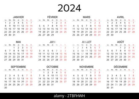 französischer Kalender 2024. Druckbare, editierbare Vektorillustration für Frankreich. 12 Monate Jahreskalender. Querformat Stock Vektor