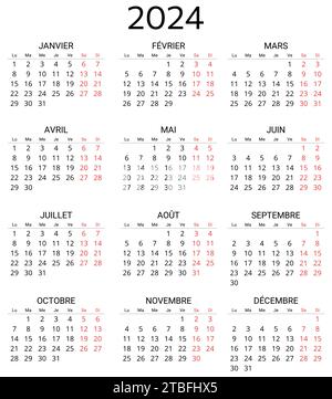 französischer Kalender 2024. Druckbare, editierbare Vektorillustration für Frankreich. 12 Monate Jahreskalender. Querformat Stock Vektor