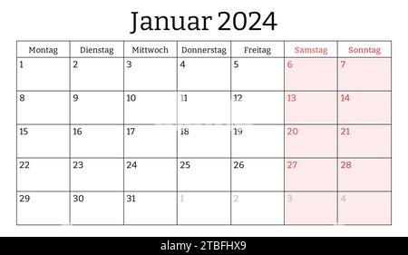 Januar 2024 deutscher Monatskalender. Vektorgrafik zum Drucken. Monatliche Planung für Ihr Unternehmen in Deutschland Stock Vektor