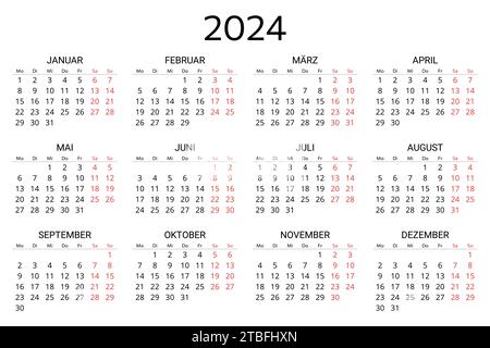 deutscher Kalender 2024. Druckbare, editierbare Vektorillustration für Deutschland. 12 Monate Jahreskalender. Querformat 2 Stock Vektor