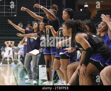 New Orleans, USA. Dezember 2023. Die New Orleans Privateers Bank reagiert auf ein großes Spiel während eines Basketballspiels für Frauen in der Fogleman Arena in New Orleans, Louisiana am Mittwoch, den 6. Dezember 2023. (Foto: Peter G. Forest/SIPA USA) Credit: SIPA USA/Alamy Live News Stockfoto