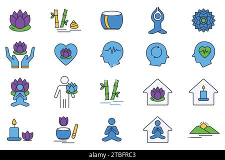 Meditationssymbolgruppe. lotusblume, Yoga, Meditation, Mandala, Zen-Garten, mentales, usw. flaches Design mit Symbolen. Einfache Vektorkonstruktion bearbeitbar Stock Vektor