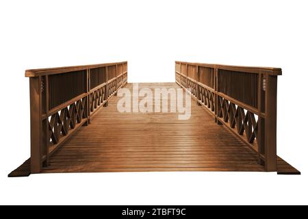 Alte Holzbrücke isoliert auf weißem Hintergrund, Arbeit mit Clipping-Pfad. Stockfoto