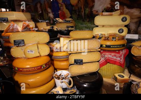 Gouda, die Nehterlands - 20. April 2023: Ausstellung von traditionellem holländischem Käse in der lokalen Käserei in Gouda, Niederlande Stockfoto