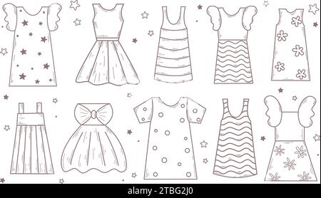 Mädchengarderobe im Sketch-Stil. Sammlung von Kleidern für Kinder. Elegante weibliche Kleidung mit Blumen, Polka Dots, Sternen und Streifen Stock Vektor