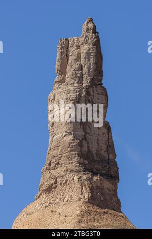 Nahaufnahme des Gipfels des Chimney Rock, einer geologischen Felsformation im Tal des North Platte River Stockfoto