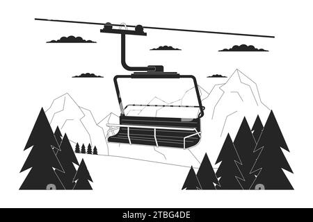 Skiliftstuhl in Wald Berge schwarz-weiß Zeichentrickfilm flache Illustration Stock Vektor