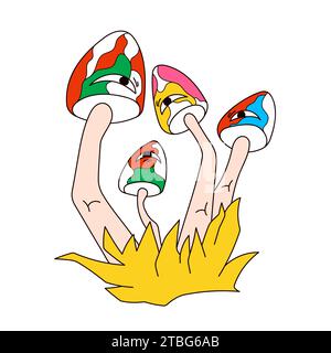 Psychedelische Pilze im Gras-Groovy-Stil. Zeichentrickgrafik für Logo, Poster, Banner, Icon, Clip Art, T-Shirt. Vektorabbildung isoliert auf einem weiß Stock Vektor