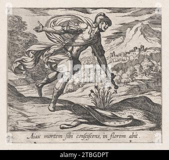 Plate119: Der Tod von Ajax (Aiax moretm Sibi consciscens, in florem abit), aus Ovids 'Metamorphosen' 1951 von Antonio Tempesta Stockfoto