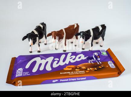 Milchschokolade Milka Erdnuss knuspriges Karamell und drei Spielzeugkühe in der Nähe isoliert auf weißem Hintergrund Stockfoto