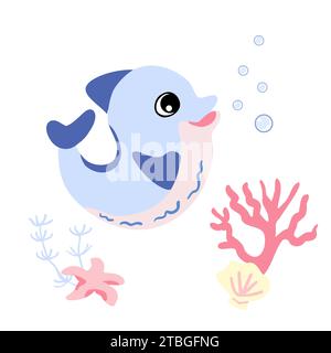 Niedlicher Delfin mit Blasen, Seesternen und Muscheln, Korallen im Unterwasser. Vektor-Illustration des Meereslebecharakters Stock Vektor
