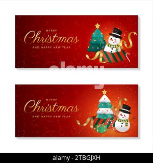 Frohe Weihnachten und frohes neues Jahr. Weihnachtsbanner-Set. Ein Weihnachtsbaum in Geschenkbox mit Ornamenten um den roten Hintergrund. Vektorabbildung Stock Vektor