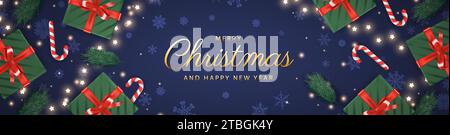 Weihnachtshintergrund. Klassisches blaues weihnachtsbanner-Design mit realistischen Geschenkboxen von oben mit goldenen Schleifen und glitzerndem Konfetti und Merry Stock Vektor