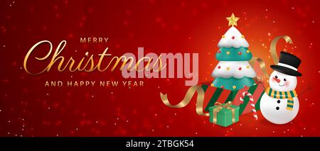 Frohe Weihnachten und frohes neues Jahr. Weihnachtsbanner. Ein Weihnachtsbaum in Geschenkbox mit Ornamenten um den roten Hintergrund. Vektorabbildung Stock Vektor