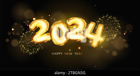 Neujahrsfeuerwerk und goldene Zahlen 2024 Hintergrund. Silvester feiern. Banner oder Grußkarte für frohe Weihnachten und frohes neues Jahr Stock Vektor