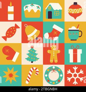 Frohes neues Jahr und Weihnachten nahtloses Muster mit Weihnachtssymbolen. Trendiges modernes Weihnachtsdesign für Geschenkpapier, Hintergrund, Tapeten. Vecto Stock Vektor