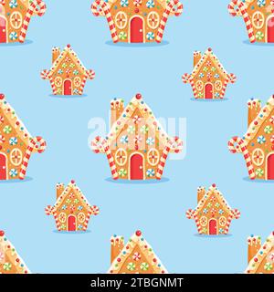 Nahtloses Muster mit Lebkuchenhausform Lebkuchenkekse mit Dekorationen. Weihnachtsbonbons und -Leckereien. Druckdesign für Textil, Stoff, wra Stock Vektor