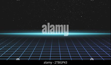 Synthwave-Landschaft mit Gitter, Lichtstrahl am Horizont und Sternen im Hintergrund. Skyline der Galaxie aus den 80er Jahren. Geometrische 3D-Lasergrafik. 90er Jahre Outrun Stock Vektor