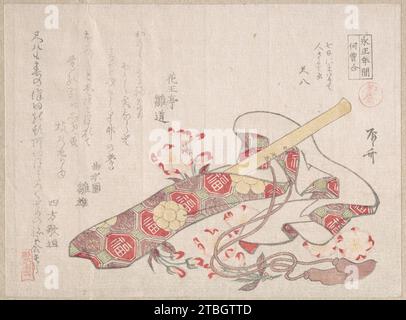 Shakuhachi (eine Art Bambusflöte), mit seinem Cover und Kirschblumen 1929 von Ryuryukyo Shinsai Stockfoto