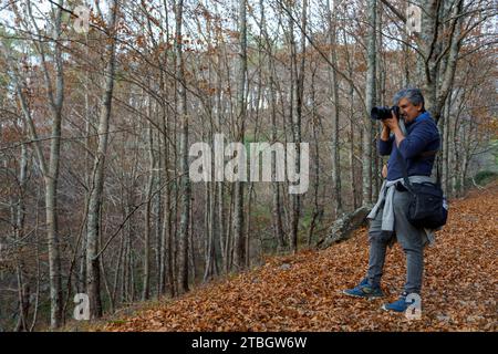 Landschaftsfotograf fotografiert die Bäume in den Wäldern in Rota das Faias, Manteigas, Serra da Estrela, Portugal, Europa Stockfoto