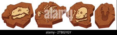 Archäologische Fossilien in Stein mit verschiedenen prähistorischen Dinosauriern Stock Vektor
