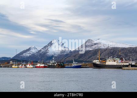 Boote im Hafen von Sandnessjoen, Norwegen, Skandinavien, Europa im Oktober Stockfoto