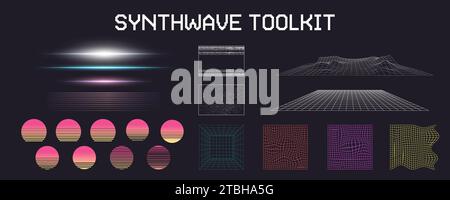 Synthwave Toolkit. Grafikelemente der 1980er Jahre für Retro-Grafiken. Gitter, Sonnenuntergänge, Störungen und Laser. Konstruktionsteile für Ablaufabdeckungen. 3D-Bits, Galaxie Stock Vektor