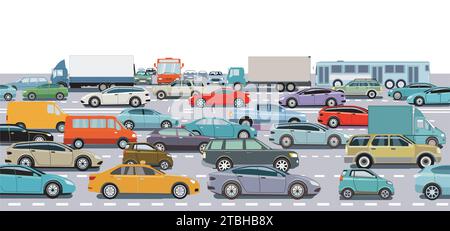 Viele Autos und LKWs an der Straßenkreuzung in Stau-Illustration Stock Vektor