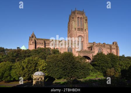 Ostfassade der Liverpool Anglican Cathedral (1904-1978), oberhalb des St. James Cemetery, Park & William Huskisson Memorial, Liverpool England Großbritannien Stockfoto