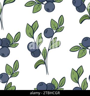 Hintergrund frischer Waldbeeren. Blaubeersträucher nahtloses Muster. Köstliche Beeren und Blätter für Textilien, Digitalpapier und Verpackungen Stock Vektor