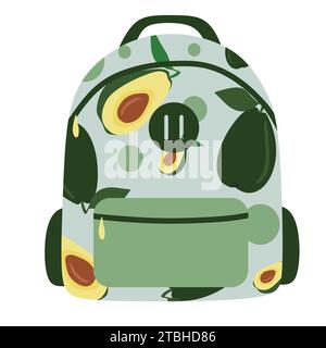 Abstrakte Schultasche im flachen Stil. Moderner Rucksack mit Avocado-Aufdruck, Illustration isoliert auf weiß für Aufkleberaufkleber. Rucksack, Tasche für Kind Stock Vektor