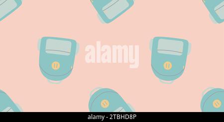 Nahtloses Muster von Schulrucksäcken, Schultaschen im flachen Cartoon-Stil. Bunte Reisetaschen auf rosa Hintergrund. Vektorillustration in Pastellfarben Stock Vektor