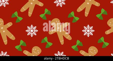 Nahtloses Weihnachtsmuster mit Lebkuchenmännern auf rotem Hintergrund mit Schneeflocken und grünen Bögen. Weihnachtsdekoration, Textilschablone, Geschenkpapier Stock Vektor