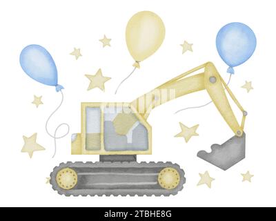 Bagger mit Ballons Aquarellillustration. Handgezeichneter Clip-Art von Baggerspielzeug auf isoliertem Hintergrund. Grußkarten zum Geburtstag oder zur Babyparty. Zeichnung des Baggerladers. Loader für Ausdrucke. Stockfoto