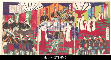 Illustration der Kommandanten, die Westjapan befriedigten und 1960 von Yoshu (Hashimoto) Chikanobu den Geschenk-Becher des Kaisers (Saigoku chinsei shosho tenpai o tamawaru no zu) erhielten Stockfoto
