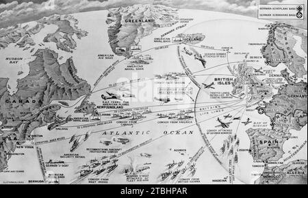 Eine Karte des Zweiten Weltkriegs, die die Routen der Konvois und die Maßnahmen veranschaulicht, die im März und April 1941 ergriffen wurden, um deutsche U-Boote und Langstreckenbomber zu überlisten. Die Rettungsleine blieb trotz der Verluste von 225 Schiffen aufgrund der Arbeit der Royal Navy und Royal Air Force ungebrochen. Stockfoto