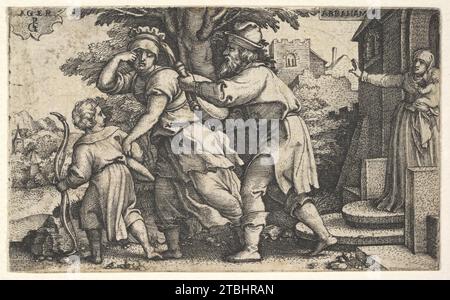 Abraham schickt Hagar und Ismael fort: Abraham hält ein Gefäß, während Hagar und Ismael vor ihm Schritt, aus der Serie „The Story of Abraham“ 2012 von Georg Pencz Stockfoto