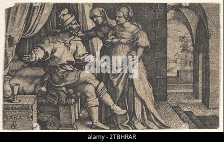 Sarah präsentiert Hagar Abraham, der am Fuße eines Bettes sitzt, aus der Serie „The Story of Abraham“ 2012 von Georg Pencz Stockfoto