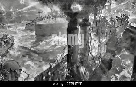 Eine Zeichnung von Harold Forster von einem kombinierten Marineangriff auf das Trockendock und die Hafenanlagen in St. Nazaire am 28. März 1942. Während des Zweiten Weltkriegs stürzte der Zerstörer der Royal Navy Campbeltown mit verstärkten Bögen und fünf Tonnen Sprengstoff an Bord durch die Hafenverteidigung ab, die Besatzung wurde abgesetzt und das Schiff explodierte. Währenddessen zerstörten die Kommandos die Hafenausrüstung, woraufhin Maost sich zurückzog. Stockfoto